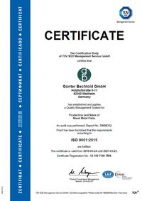TÜV certificate for quality management system for the production and distribution of sheet metal constructions according to ISO 9001: 2015.
