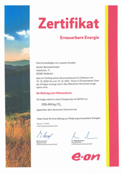 Zertifikat für Erneuerbare Energien von e.on