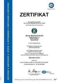 TÜV-Zertifikat für Qualitätsmanagementsystem für die Produktion und den Vertrieb von Blechkonstruktionen nach ISO 9001:2015.